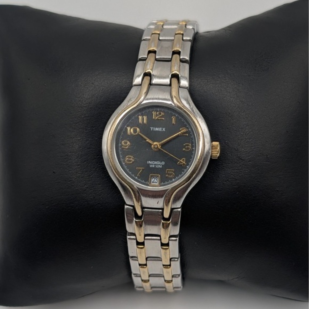Timex Indiglo Watch Women 6.5" Silver Gold Two Tone CR1216 Cell WR 50M Date‎